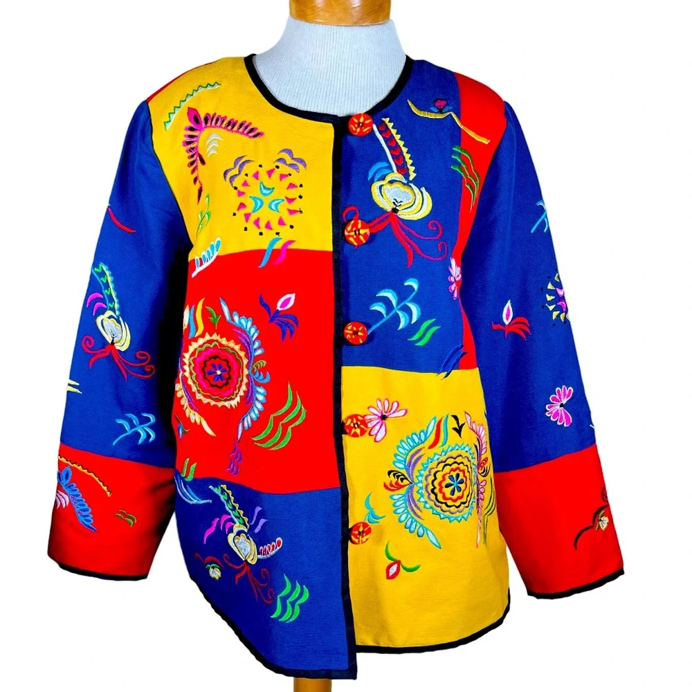 Alex Kim Women’s Cotton Blend Festive Multi-Color Embroidered Jacket PL EUC - Picture 1 of 15